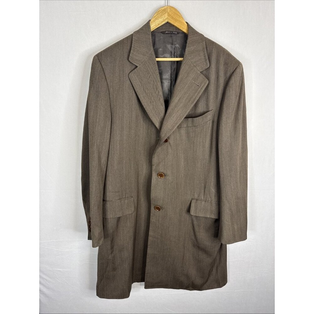 Canali‎ Henry Singer Wool Overcoat Men US 44R EU 54R Brown Herringbone Italy